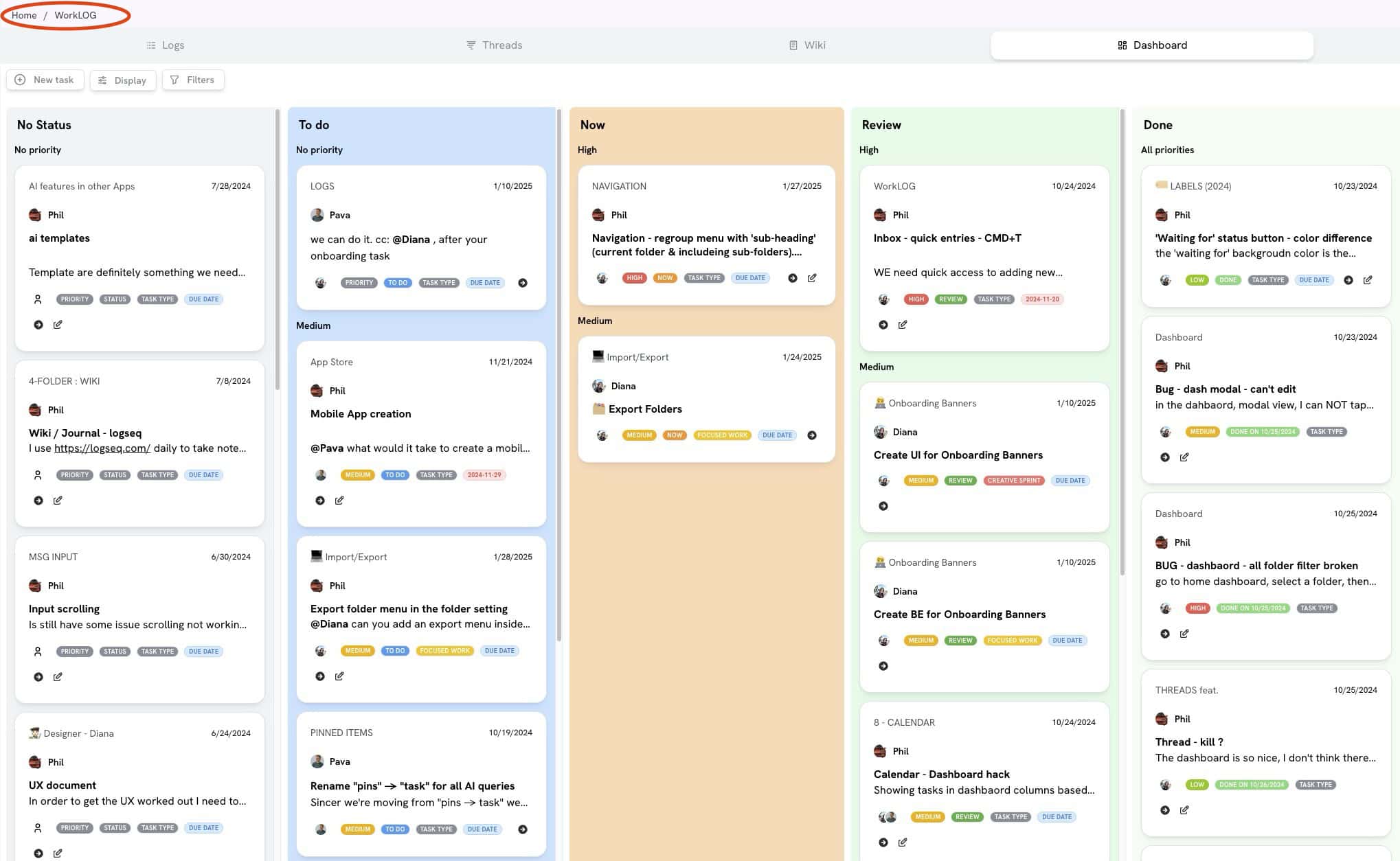 Worklogs – Pinned Messages & Dashboard